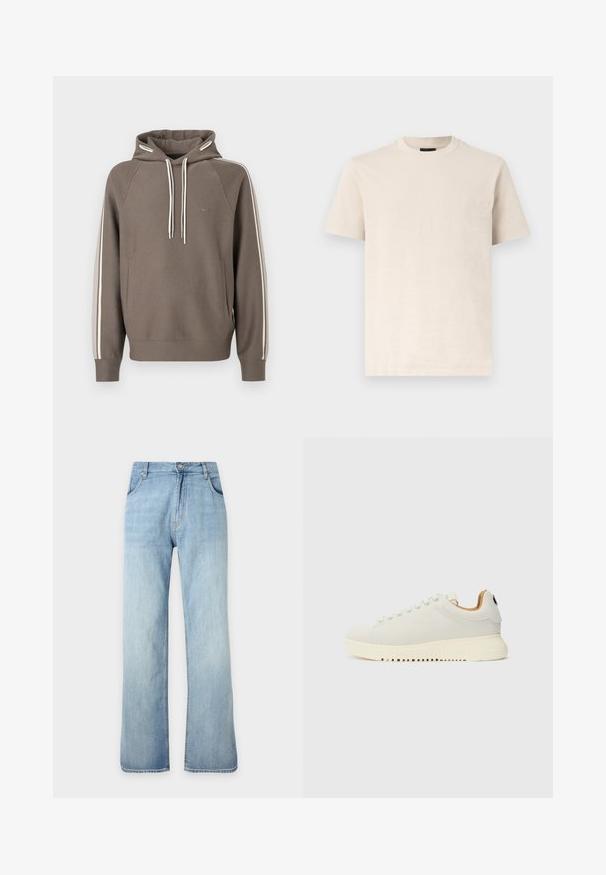 Brauner Hoodie aus weichem Stoff mit weißen Seitenstreifen, verstellbarem Kordelzug, Kängurutasche und kleinem Logo auf der Brust.; Beige kurzärmeliges T-Shirt mit Rundhalsausschnitt und dezent strukturiertem Logo auf der linken Brust, dargestellt auf einem schlichten weißen Hintergrund.; Hellblaue gerade geschnittene Jeans aus Denim mit vorderem Knopf- und Reißverschluss, vorderen Taschen und Gürtelschlaufen, vor einfachem Hintergrund gezeigt.; Weiße Sneaker mit Obermaterial aus glattem Leder, dicke cremefarbene Gummisohle und subtilem Nähen. Minimalistisches Design mit abgerundeter Zehenpartie und Schnürsystem.
