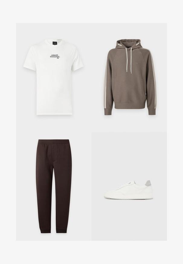 Sweat à capuche marron en tissu doux avec des rayures blanches sur les côtés, cordon de serrage ajustable, poche kangourou et petit logo sur la poitrine.; T-shirt en coton blanc avec un logo brodé noir "ARMANI EXCHANGE N.Y." sur la poitrine. Manches courtes et encolure classique.; Pantalon de jogging slim marron foncé avec taille élastique et chevilles bordées, détail de couture avant sur fond uni.; Baskets basses blanches avec un onglet de talon gris, des lacets blancs et une semelle texturée, présentées sur un fond uni clair.