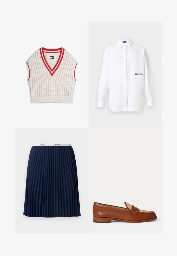 Roomkleurig kabelgebreid mouwloos sweatervest met rode en witte gestreepte V-hals en armsgaten, Tommy Jeans-label bij de kraag en zoom.; Witte overhemd met lange mouwen en knopen, met kraag en zwarte tekstlogo "KARL LAGERFELD JEANS" op de linkerborst.; Marineblauwe geplooide rok met een gestructureerd ontwerp, elastische tailleband met "LACOSTE" merknaam en een gladde stof.; Bruine leren loafer met geweven beige paneel bovenop, lage houten hak en traditioneel pennyriemontwerp op witte achtergrond.