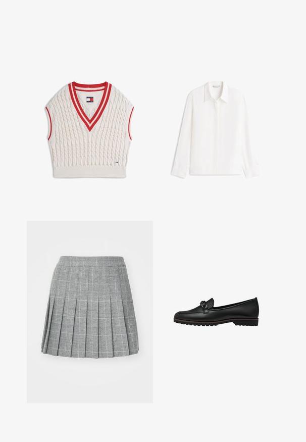 Chaleco de punto grueso sin mangas de color crema con cuello en V y sisas a rayas rojas y blancas, etiqueta Tommy Jeans en el cuello y el dobladillo.; Camisa blanca de manga larga con botones y cuello puntiagudo, con botones frontales ocultos y puños, exhibida de manera plana sobre un fondo blanco.; Falda plisada en tela gris con un patrón de cuadros. Presenta una pretina ajustada y múltiples pliegues verticales para un aspecto estructurado.; Mocasines de cuero negro con un acento trenzado en la parte delantera, suela de goma plana y detalles de costura a lo largo del borde.