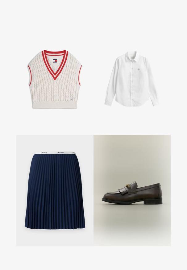 Gilet sans manches tricoté en câble couleur crème avec col en V et emmanchures rayés rouge et blanc, étiquette Tommy Jeans au col et à l'ourlet.; Chemise blanche à manches longues avec boutons, fabriquée dans un tissu légèrement texturé. Dotée d'une poche avant avec un petit logo brodé et d'un col classique.; Jupe plissée navy avec un design texturé, taille élastique ornée du logo "LACOSTE" et tissu lisse.; Mocassin en cuir marron foncé avec détail à franges et boucle dorée sur semelle noire, vu de côté sur un fond neutre.