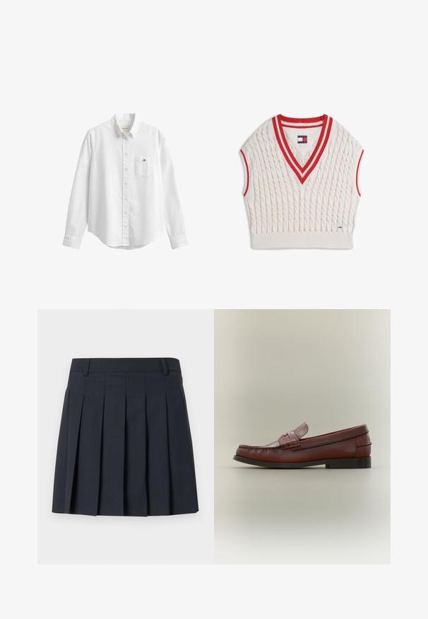 Gilet sans manches tricoté en câble couleur crème avec col en V et emmanchures rayés rouge et blanc, étiquette Tommy Jeans au col et à l'ourlet.; Chemise blanche à manches longues boutonnée avec col et poche poitrine avec un petit logo brodé sur fond uni.; Jupe plissée bleu foncé avec une ceinture plate, fabriquée en tissu lisse. Elle présente plusieurs plis verticaux et une coupe ajustée.; Mocassin pour homme en cuir marron avec semelle noire et détail de bride décorative, présenté en profil latéral sur un fond neutre.