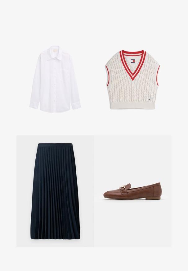 Gilet sans manches tricoté en câble couleur crème avec col en V et emmanchures rayés rouge et blanc, étiquette Tommy Jeans au col et à l'ourlet.; Chemise blanche à manches longues en coton, dotée d'une fermeture à boutons, d'un col et d'une poche poitrine. Texture lisse et uniforme.; Jupe plissée marine avec une taille texturée, en tissu lisse, présentant des plis verticaux régulièrement espacés et un design mi-mollet.; Mocassins en cuir marron avec une semelle plate, un design surpiqué et un détail de boucle en ton doré sur la bride à travers le coup de pied.