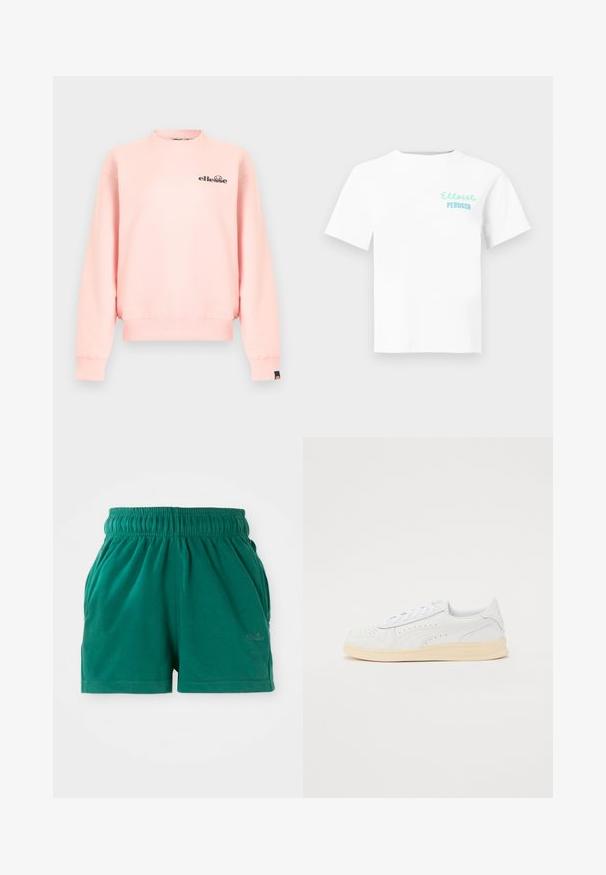 Sweat-shirt rose clair à col rond avec manches longues, poignets et ourlet côtelés, et petit logo noir « ellesse » sur la poitrine gauche et le poignet.; T-shirt blanc à manches courtes et col rond avec texte bleu clair "Ellesse Perugia" sur le côté gauche de la poitrine.; Shorts décontractés verts à taille élastique avec poches latérales et logo discret sur la cuisse droite.; Baskets avec une tige en synthétique blanc, design perforé, lacets plats et semelle en caoutchouc crème. Présente un logo sur le talon et le côté.