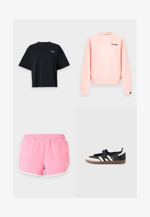 Sweat-shirt rose clair à col rond avec manches longues, poignets et ourlet côtelés, et petit logo noir « ellesse » sur la poitrine gauche et le poignet.; T-shirt noir ample à manches courtes avec petit logo blanc "ellesse" sur la partie supérieure gauche de la poitrine et col rond.; Shorts de sport roses avec bordure blanche et taille élastique, présentés à plat sur un fond clair.; Baskets noires et beiges avec une bride en velcro, trois bandes blanches sur le côté, et une semelle en caoutchouc marron texturée. Logo de la marque visible.