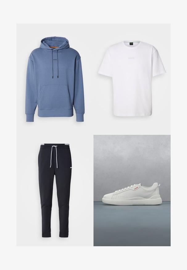 Blauer Pullover-Hoodie mit Fronttasche, verstellbaren Kordeln, gerippten Bündchen und kleinem "BOSS"-Logo, das zentriert unter dem Kragen angebracht ist.; Weißes Baumwoll-T-Shirt mit kurzen Ärmeln, rundem Ausschnitt und geprägtem "BOSS"-Logo auf der Brust. Glatte Textur, normale Passform.; Schwarze Slim-Fit-Jogginghose mit weißem Kordelzug, elastischem Bund mit weißen Streifen und kleinem weißen Logo am oberen Oberschenkel.; Weiße Sneaker aus glattem Leder, runde Spitze, vier Ösen, dezente Perforationen und ein rotes Logodetail an der Seite.