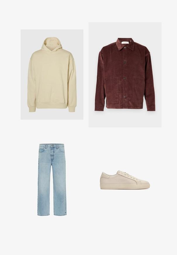 Sweat à capuche beige en tissu doux, avec une poche avant, des poignets côtelés et une coupe décontractée. Couleur unie sans motifs.; Veste en velours côtelé brun avec un col classique, fermeture à boutons sur le devant, deux grandes poches et texture côtelée.; Jean en denim bleu clair à coupe droite avec poches avant et fermeture à boutons, présentant un léger délavage et une usure minimale.; Baskets en cuir beige à texture lisse, bout arrondi, design à lacets, et semelle en caoutchouc plate légèrement surélevée.