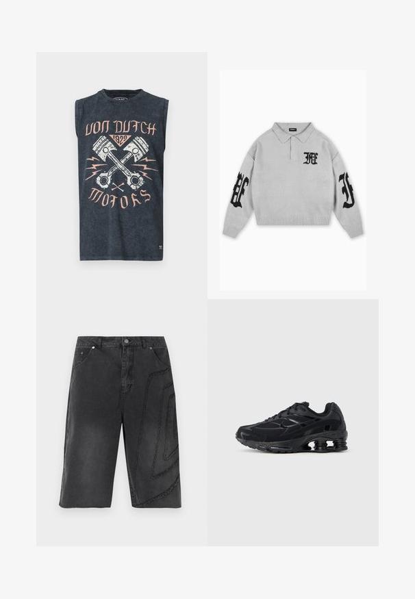 Pull en maille gris clair avec col. Présente des lettres brodées noires sur la poitrine et les manches, ainsi qu'un ourlet et des poignets côtelés.; Débardeur gris foncé avec des pistons croisés, des éclairs et le texte « Von Dutch 1929 Motors » en rose pâle et blanc.; Short en denim noir longueur genou avec cinq poches, fermeture par bouton, et un motif géométrique cousu sur la jambe droite.; Chaussure de sport noire avec une tige en mesh, un col rembourré et une technologie d'amorti proéminente au talon. Caractérisée par des accents texturés et des lacets.