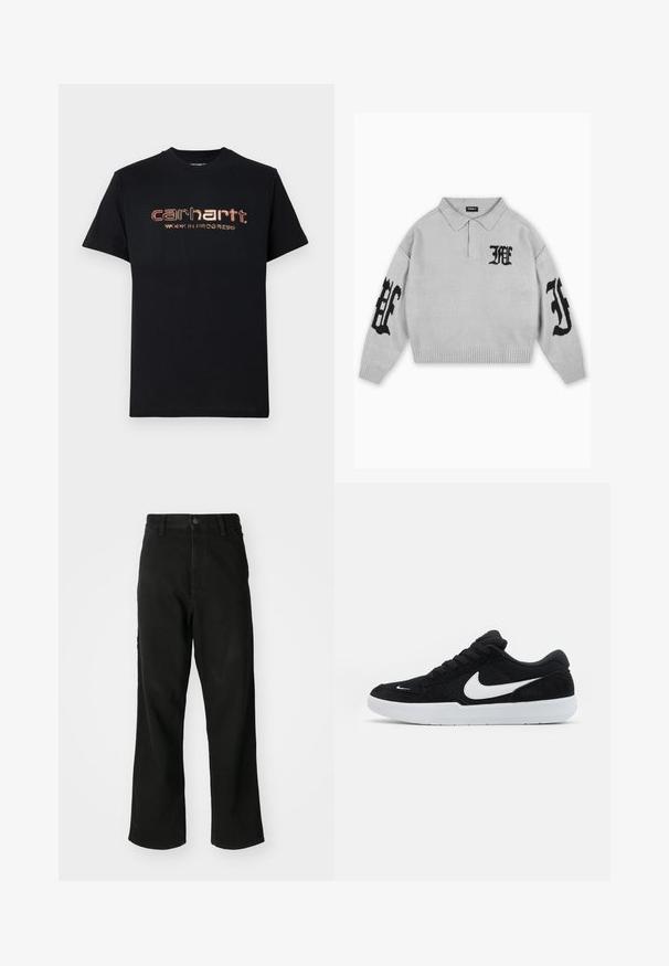 Pull en maille gris clair avec col. Présente des lettres brodées noires sur la poitrine et les manches, ainsi qu'un ourlet et des poignets côtelés.; T-shirt noir à manches courtes avec logo métallique cuivre « Carhartt WORK IN PROGRESS » centré sur la poitrine.; Jean noir à jambe droite avec fermeture à boutons, passant de ceinture et poches avant sur un fond blanc uni.; Baskets en suède noires avec accents blancs, dotées d'une pointe arrondie, d'une semelle blanche épaisse et de lacets noirs. Logo Nike blanc bien visible sur le côté.