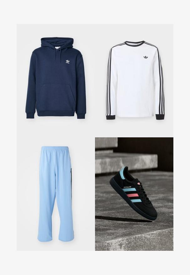 Námornícky modrá mikina s kapucňou vyrobená z mäkkého materiálu, ktorá má klokanie vrecko, kapucňu so šnúrkou a malé biele logo Adidas na hrudi.; Biele tričko Adidas s dlhým rukávom, čiernym okrúhlym výstrihom, čiernymi manžetami, tromi čiernymi pruhmi na rukávoch a čiernym logom trefoil na hrudi.; Svetlo modré športové nohavice vyrobené z hladkej látky, s elastickým pásom a kontrastnými čiernymi bočnými pruhmi.; Čierna teniska Adidas Spezial s modrými a ružovými pruhmi, vznáša sa nad textúrovaným sivým betónovým povrchom so tieňom pod ňou.