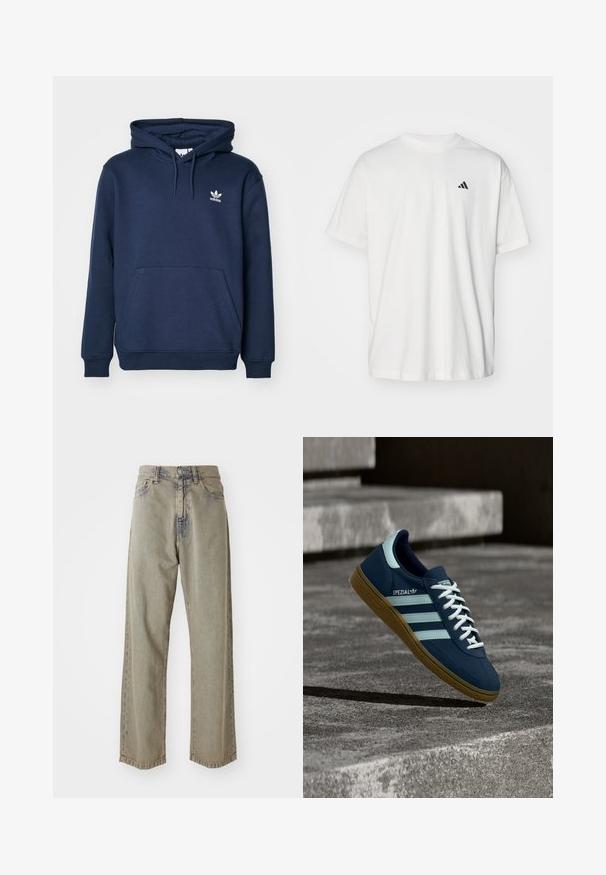 Sudadera de color azul marino fabricada en material suave, con un bolsillo tipo canguro, capucha con cordón y un pequeño logo blanco de Adidas en el pecho.; Camiseta de algodón blanca con mangas cortas, cuello redondo y un pequeño logo negro de Adidas en el lado izquierdo del pecho. Textura suave, ajuste casual.; Jeans de pierna ancha de color gris claro, hechos de denim, con una textura desgastada, costuras visibles y cierre tradicional de botón y cremallera.; Zapatilla azul Adidas Spezial con rayas y cordones blancos, suela de goma, flotando sobre una superficie de hormigón rugosa y escaleras de fondo.