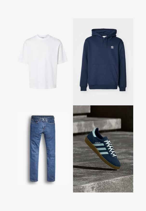Námornícky modrá mikina s kapucňou vyrobená z mäkkého materiálu, ktorá má klokanie vrecko, kapucňu so šnúrkou a malé biele logo Adidas na hrudi.; Jednoduché biele tričko s krátkym rukávom a okrúhlym výstrihom s voľným strihom, zobrazené na jednoduchom pozadí.; Džínsy v stredne modrom praní so rovnými nohavicami, obsahujúce päť vreciek, zapínanie na gombík a zips, a jemné prešívanie.; Modré tenisky Adidas Spezial s bielymi pruhmi a šnúrkami, gumovou podrážkou, plávajúce nad drsným betónovým povrchom a schodmi v pozadí.