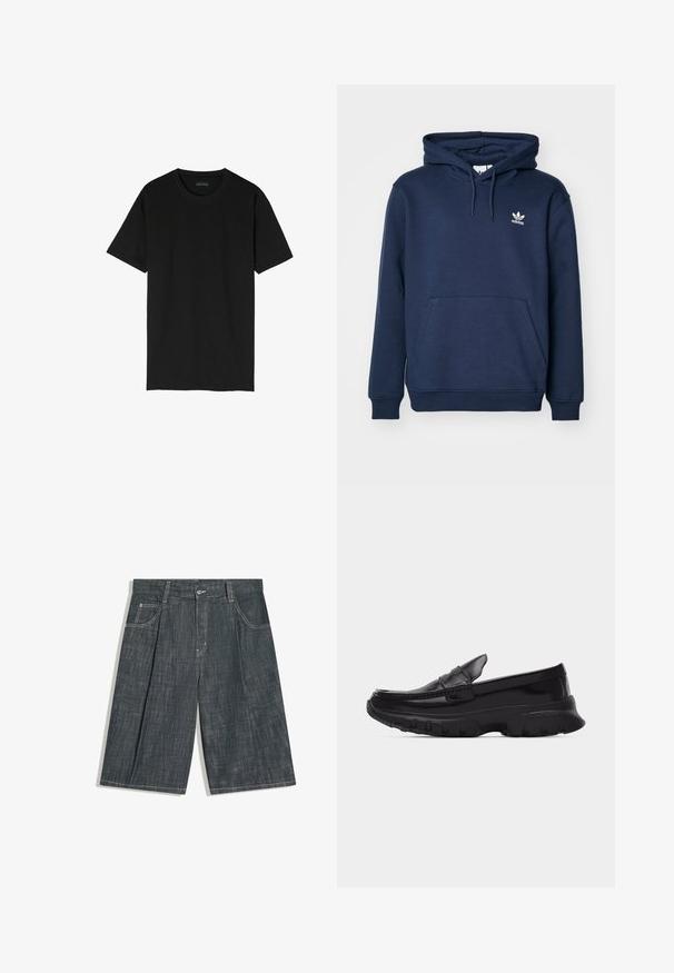 Navyblauer Hoodie aus weichem Material mit einer Kängurutasche, Kapuze mit Kordelzug und einem kleinen weißen Adidas-Logo auf der Brust.; Schwarzes T-Shirt mit kurzen Ärmeln aus Baumwolle. Verfügt über einen klassischen Rundhalsausschnitt und ein einfaches, ungeschmücktes Design.; Dunkelgraue Jeansknielange Shorts mit vorderer Knopfleiste, Gürtelschlaufen, zwei Vordertaschen und sichtbaren weißen Nähten.; Schwarzer glänzender Slipper mit dicker, strukturierter Sohle und gesteppten Details, Seitenansicht vor schlichtem hellgrauem Hintergrund.
