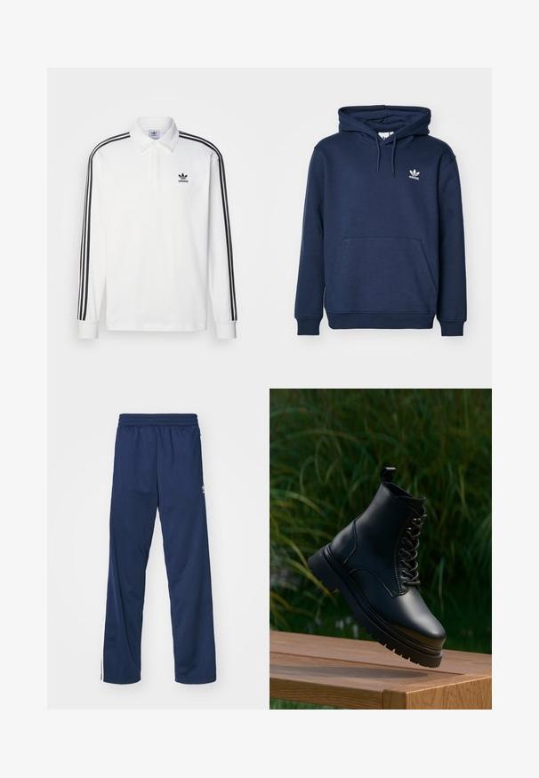 Námornícky modrá mikina s kapucňou vyrobená z mäkkého materiálu, ktorá má klokanie vrecko, kapucňu so šnúrkou a malé biele logo Adidas na hrudi.; Biela polo košeľa s dlhým rukávom so klasickým golierom, čiernymi trojpruhovými akcentmi pozdĺž rukávov a malým čiernym logom na hrudi.; Námornícke modré športové nohavice s elastickým pásom, s bielymi postrannými pruhmi a logom na ľavom stehne.; Čierna kožená členková čižma s okrúhlou špičkou, šnurovaním vpredu a hrubou zúbkovanou podrážkou. Obsahuje pútko na golieri pre jednoduchšie obúvanie.