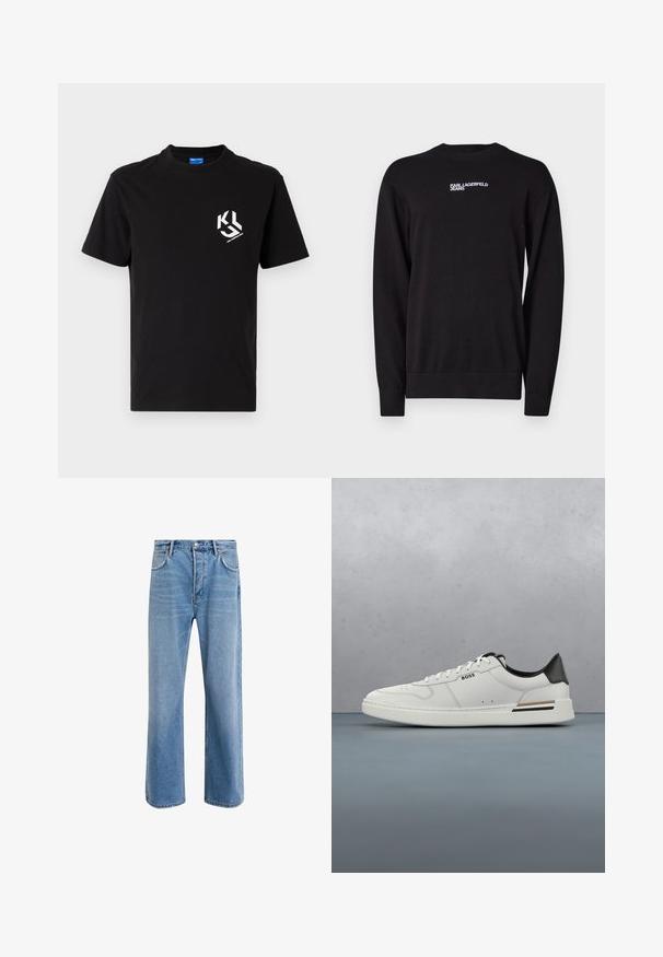 Čierny pletený sveter s okrúhlym výstrihom, rebrovanými manžetami a spodným okrajom, s bielym logom "KARL LAGERFELD JEANS" na hornej časti prednej strany.; Čierne bavlnené tričko s bielou grafikou na ľavej strane hrude. Okrúhly výstrih, krátke rukávy a klasický strih.; Svetlo modré denimové džínsy so strihom rovného nohu, päť vreciek, zapínanie na gombík, minimálne vyblednutie a kontrastné švy.; Biele nízke tenisky s čiernou pätou, viazaním, jemnými perforáciami a logom "BOSS" na boku, zobrazené z vonkajšieho profilu.