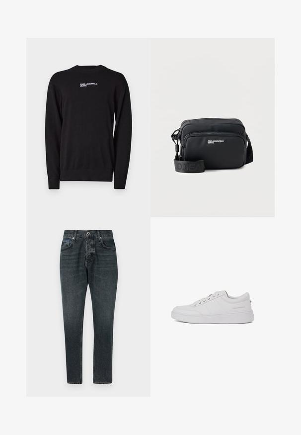 Mustmust mude, millel ümmargune kaelus, soonikvarrukad ja allserv, valge "KARL LAGERFELD JEANS" logo ülemises osas.; Tumedad halli denim püksid otse lõikega, viie tasku, nööpkinnis ja kerge kulumine. Valmistatud puuvillast, millel on sile tekstuur.; Valge nahast tennisetossud klassikalise madala disainiga, tasase tallaga ja peene kaubamärgiga logoga kanna peal. Omab viit metallist silma lukkude jaoks.; Must ristkülikukujuline üleõlakott kahe tõmblukuga taskuga, „KARL LAGERFELD JEANS“ logoga ja reguleeritava bränditud rihmaga valgel taustal.