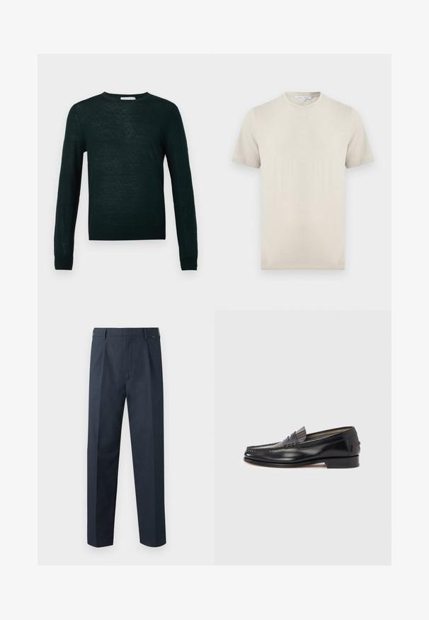 Pull en vert foncé avec un col rond, des manches longues et un motif en losanges texturé sur le devant. Matière en tricot légère.; T-shirt beige à manches courtes et col rond, en tissu doux, avec une étiquette "Tiger of Sweden" à l'intérieur du col.; Pantalon droit bleu marine avec passants de ceinture, fermeture éclair devant et détails plissés le long de la taille.; Mocassins en cuir noir avec un design de style mocassin, présentant une bande décorative et un détail de couture sur le dessus. Talon bloc bas.