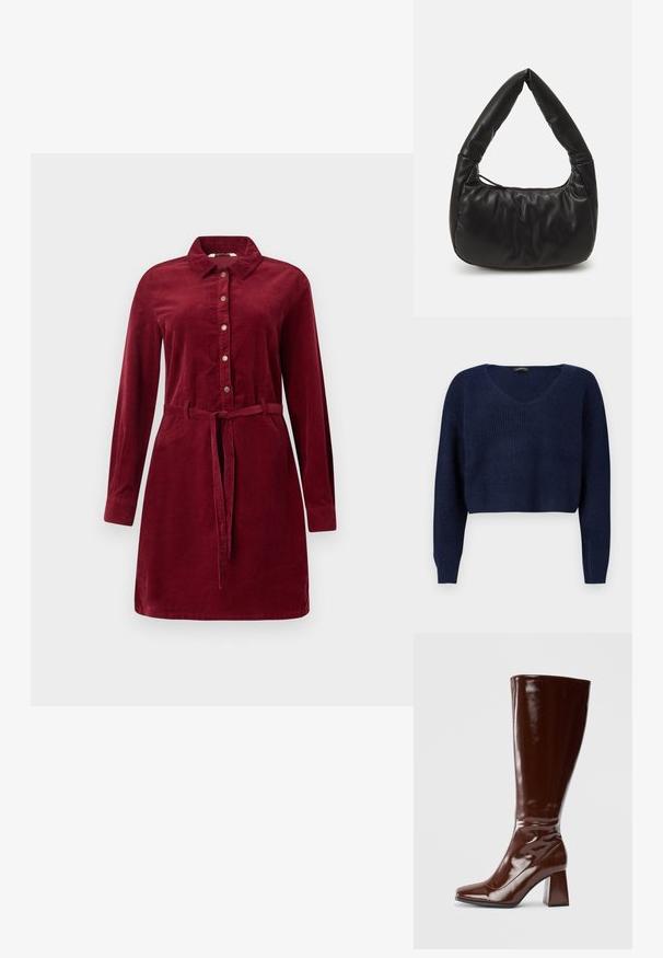 Marineblå cropped sweater med V-hals, lange ærmer og et struktureret strikmønster. Designet til en afslappet pasform.; Burgunderfarvet kordfløjlskjortekjole med lange ærmer, knaplukning foran, krave og taljebånd. Har sidelommer og en let udsvingende nederdel.; Knæhøje brune patentlæderstøvler med firkantet tå, glansfuld finish og en kraftig hæl for stabilitet. Sømløs design uden synligt hardware.; Sort læder skuldertaske med en afslappet design, der har et karakteristisk knyttet håndtag og en lynlåslukning. Glat tekstur overalt.