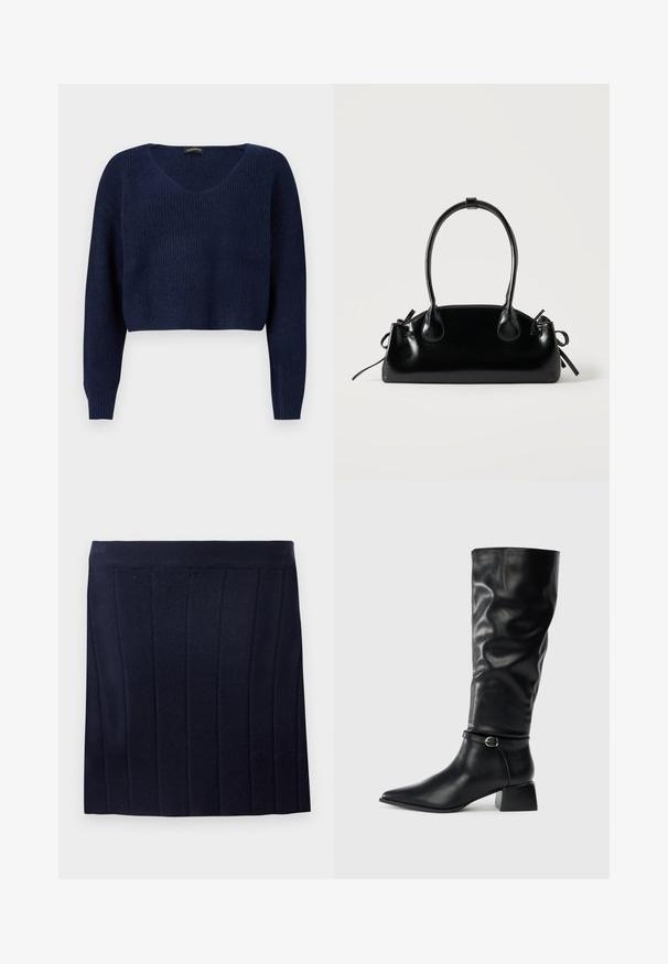 Marineblå cropped sweater med V-hals, lange ærmer og et struktureret strikmønster. Designet til en afslappet pasform.; Object OBJTHESS - Mini skirts - sky captain; Sort skindstøvle til midt på læggen med lav blokhæl, spids tå og dekorativ ankelrem med sølvspænde på en ensfarvet baggrund.; Lille sort blank håndtaske med to lange håndtag og snøre-detaljer i siden på en ensfarvet lys baggrund.