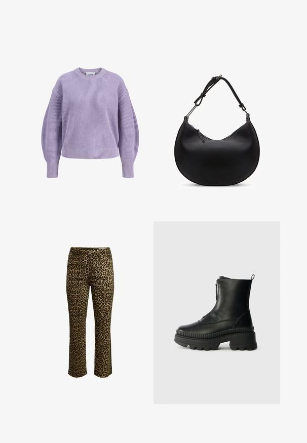 Lila paarse gebreide trui met ballonmouwen, geribbelde manchetten, zoom en ronde hals, afgebeeld tegen een witte achtergrond.; Een broek met luipaardprint, met een slim fit, knoopsluiting en gestikte tailleband met een lichte stretch voor comfort.; Zwarte leren enkellaars met ritssluiting, dikke rubberen zool, geribbelde details rondom de zool en een trekflap aan de achterkant.; Zwart, halfmaanvormige handtas van getextureerd leer met verstelbare band en ritssluiting aan de bovenkant tegen een witte achtergrond.
