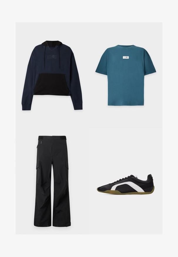Marineblauwe en zwarte cropped hoodie met voorvak, trekkoordkap en subtiel nummerontwerp op de borst.; Blauw T-shirt met korte mouwen met een klein wit rechthoekig label met zwarte cijfers en een omcirkelde "6" op het midden van de borst.; Zwarte cargo-broeken gemaakt van een gladde, waterafstotende stof. Kenmerken zijn wijde pijpen, meerdere zijzakken en een vlakke tailleband met subtiele branding.; Zwarte lage sneaker met witte zijstreep en gestructureerde olijfgroene zool, zijaanzicht tegen een effen achtergrond.