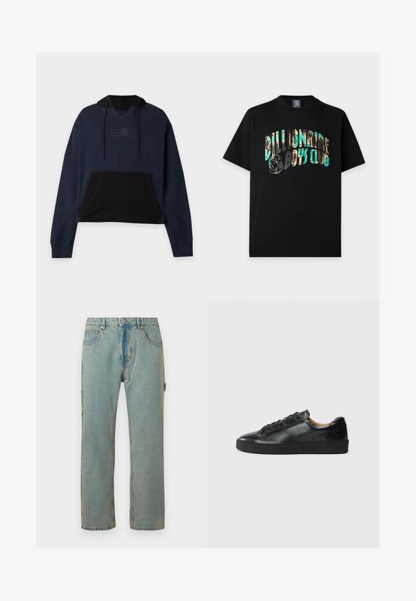 Sudadera corta azul marino y negra con bolsillo frontal canguro, capucha con cordón y diseño sutil de número en el pecho.; Camiseta negra de manga corta con texto "Billionaire Boys Club" en camuflaje azul y beige y un dibujo de un casco de astronauta en el pecho.; Vaqueros de denim de corte suelto en azul claro, con cinco bolsillos, cierre de botón y costuras visibles. La tela tiene un aspecto desgastado y texturizado.; Zapatilla negra de cuero con una textura suave, puntera redonda y cierre de cordones. Presenta una suela de goma gruesa y un detalle de marca mínimo.