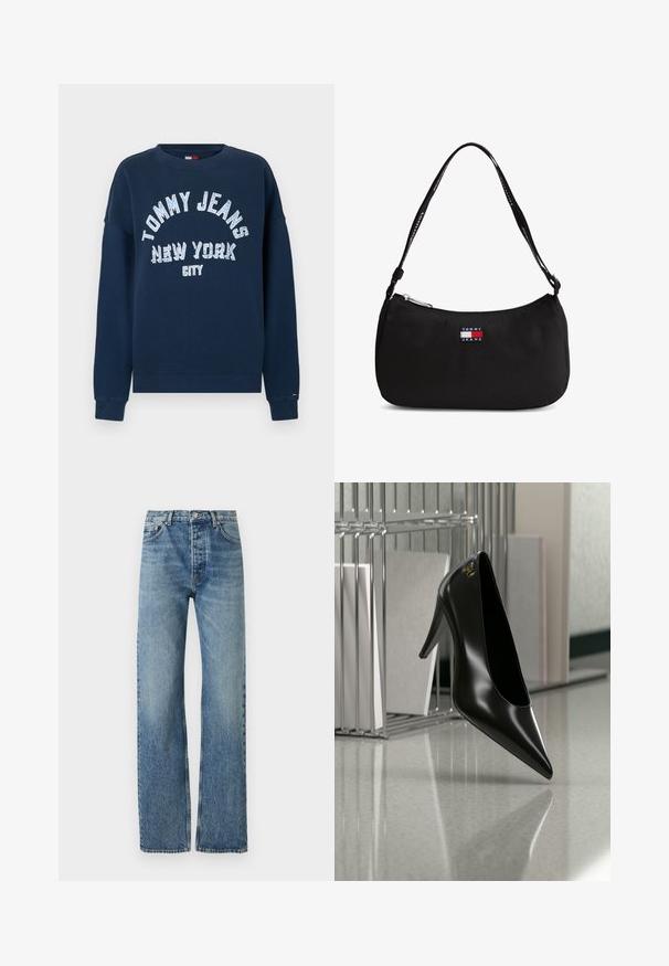 Tyrkysová mikina s dlhým rukávom s veľkým bielym nápisom "TOMMY JEANS NEW YORK CITY". Má okrúhly výstrih a rebrované manžety.; Svetlomodré, vysoko pásové džínsy so štíhlym strihom, vyrobené z denimu. Obsahujú klasické päťvreckové prevedenie a strieborné kovania.; Čierna lodička na vysokom opätku so špicatou špičkou a zlatým logom, umiestnená na lesklej ploche vedľa chrómového drôteného organizéra na dokumenty.; Malá čierna kabelka cez rameno s zakriveným horným zipsom a logom "Tommy Jeans" vpredu, s čiernym popruhom s bielym textom.