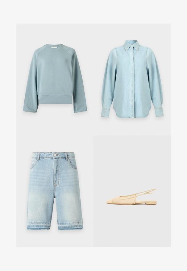 Hellblauer Sweatshirt mit Rundhalsausschnitt, langen Raglanärmeln, geripptem Saum und Bündchen, vor schlichtem weißem Hintergrund.; Hellblaues Jeanshemd mit langen, aufgeplusterten Ärmeln, spitzem Kragen, geknöpften Manschetten und verdeckter vorderer Knopfleiste.; Hellblaue Jeansshorts mit fransigem Saum, Fünf-Taschen-Design und normaler Taille mit Knopfverschluss. Dezente Ausbleichungen überall.; Slingback-Ballerina in hellbeige mit einem Netz-Obermaterial, spitz zulaufender Zehenpartie und niedrigem Absatz. Verfügt über einen verstellbaren Riemen für eine optimale Passform.