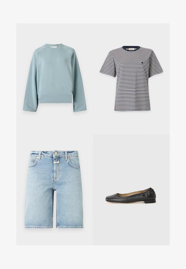 Sweat-shirt bleu clair à col rond avec manches raglan longues, ourlet et poignets côtelés, présenté sur un fond blanc uni.; Chemise à manches courtes avec des rayures horizontales noires et blanches et un petit logo brodé sur la poitrine gauche, présentée sur un fond uni.; Short en jean bleu clair longueur genou avec bouton à l'avant, fermeture éclair, passants pour ceinture et design à cinq poches.; Ballerines en cuir noir avec un bout arrondi et des coutures minimales. Talon bas et rectangulaire avec une texture lisse. Détails subtils de doublure intérieure.