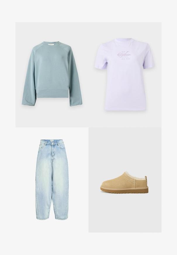 Sweat-shirt bleu clair à col rond avec manches raglan longues, ourlet et poignets côtelés, présenté sur un fond blanc uni.; T-shirt mauve clair à manches courtes et col rond, avec un logo Calvin Klein subtil au centre de la poitrine.; Jean en denim bleu clair avec un design large et décontracté, taille haute et style classique à cinq poches. Fini délavé avec un léger effet de décoloration.; Chaussure en daim à enfiler de couleur beige clair, dotée d'une douce doublure en fourrure et d'une semelle en caoutchouc texturé avec un léger talon et une sangle à l'arrière pour un enfilage facile.