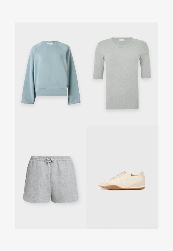 Sweat-shirt bleu clair à col rond avec manches raglan longues, ourlet et poignets côtelés, présenté sur un fond blanc uni.; T-shirt gris à manches courtes côtelées avec un col rond. Confectionné dans un tissu doux à la texture lisse, avec un branding minimal sur le côté.; Shorts gris clair en mélange de coton avec cordon de serrage, taille élastique et poches latérales, conçus pour un usage décontracté.; Baskets beige clair avec une tige en cuir texturé, des panneaux latéraux texturés et une semelle en caoutchouc. Dotées d'un design fin et épuré ainsi que de lacets plats.