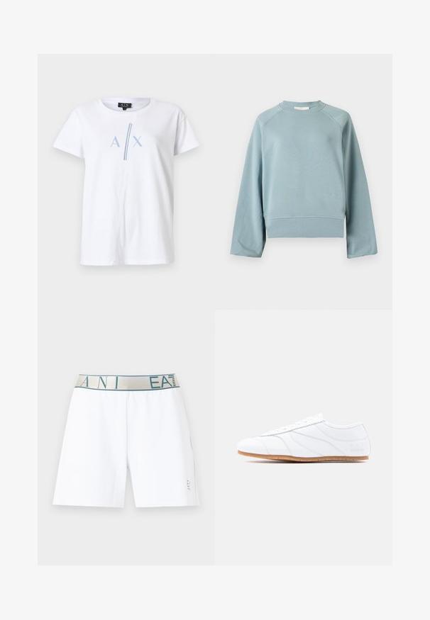 Sweat-shirt bleu clair à col rond avec manches raglan longues, ourlet et poignets côtelés, présenté sur un fond blanc uni.; T-shirt en coton blanc à manches courtes, avec un motif bleu "A X" et une bande verticale bleue. Encolure ras-du-cou classique.; Short blanc avec une ceinture beige portant les inscriptions bleues "ANI" et "EA7", ainsi qu'un petit logo "EA7 Emporio Armani" près de l'ourlet sur le côté gauche.; Baskets basses blanches à lacets, tige en cuir lisse, panneaux subtilement cousus et semelle en caoutchouc marron clair.