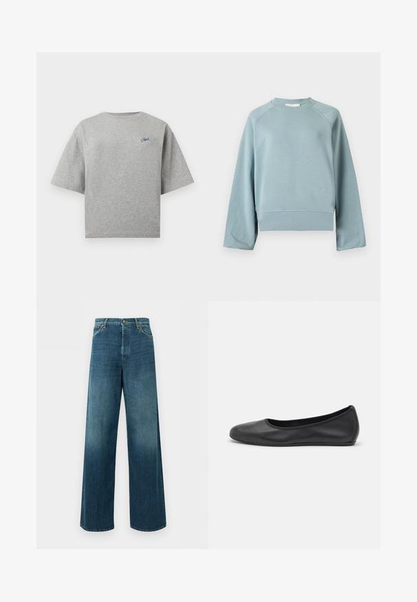 Sweat-shirt bleu clair à col rond avec manches raglan longues, ourlet et poignets côtelés, présenté sur un fond blanc uni.; T-shirt gris clair à manches courtes et col rond avec un petit logo en écriture bleu foncé sur la poitrine gauche.; Jean denim bleu à jambes larges, taille haute, fermeture devant par bouton et zip, et poches avant sur fond uni.; Ballerines en cuir noir avec un bout rond, texture lisse, détails de couture minimalistes et design de semelle flexible.
