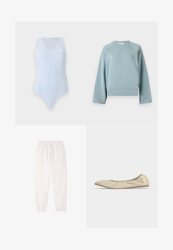 Sweat-shirt bleu clair à col rond avec manches raglan longues, ourlet et poignets côtelés, présenté sur un fond blanc uni.; Justaucorps de sport bleu clair sans manches avec dos nageur et petit logo blanc EA7 sur le haut du côté gauche de la poitrine.; Pantalon de jogging gris clair avec ceinture élastique, cordon de serrage et poignets élastiques sur fond blanc uni.; Ballerine beige en cuir souple avec bout arrondi, profil latéral bas et semelle fine en caoutchouc sur fond blanc uni.