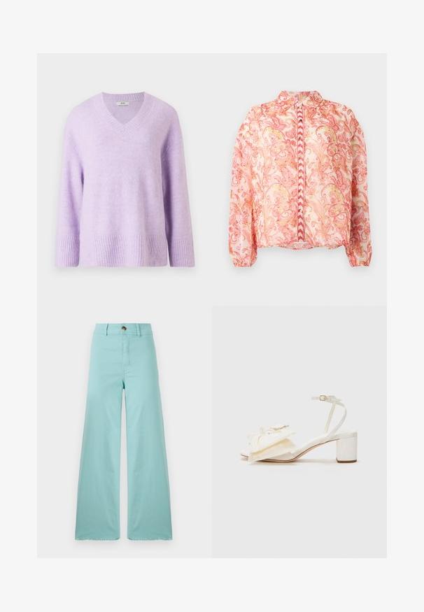 V-hals pullover striktrøje i blød lys lavendel, lavet af tekstureret stof, med 3/4 ærmer og ribkant ved bund og ærmer.; Gennemsigtig lyserød bluse med blomsterlignende mønstre i rød og guld, rund krave, foran knaplukning, elastiske ærmer og lige kant.; Bredde bukser lavet af lyseblå stof med en frynset kant. Har en knaplukning og standard lommer. Glat tekstur hele vejen igennem.; Loeffler Randall CARMEN - Sandaler - cream