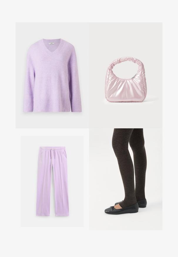 V-hals pullover striktrøje i blød lys lavendel, lavet af tekstureret stof, med 3/4 ærmer og ribkant ved bund og ærmer.; Lyse lilla sweatpants med lige ben, elastisk talje, justerbare snore og lynlåslommer i siderne.; Ben iført mørke ribbede leggings kombineret med sorte balletsko med små sløjfedetaljer på hvid baggrund.; Rosa, polstret håndtaske med afrundet design, lavet af skinnende materiale. Har et samlet håndtag og en lynlås til sikker adgang.