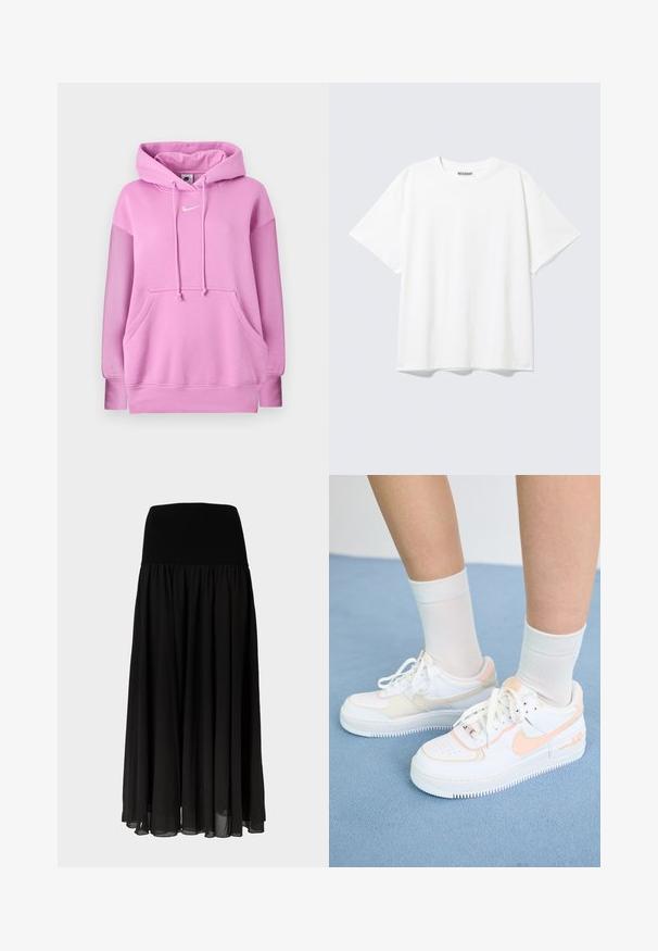 Lyserød Nike hættetrøje med forlommel, justerbar snøre i hætten og hvidt Nike-logo centreret på brystet.; Hvid T-shirt med korte ærmer og rund halsudskæring med en afslappet pasform og et "WEEKDAY" mærke på indersiden af nakken bagtil.; Sort maxinederdel lavet af letvægtstof, med bred elastisk talje og et flydende, plisseret design med et gennemsigtigt udseende i kanten.; Hvide sneakers med ferskenfarvede detaljer, glat læderoverdel, perforeret tå, struktureret sål og snørebånd. Båret med hvide ankelstrømper på en blå overflade.