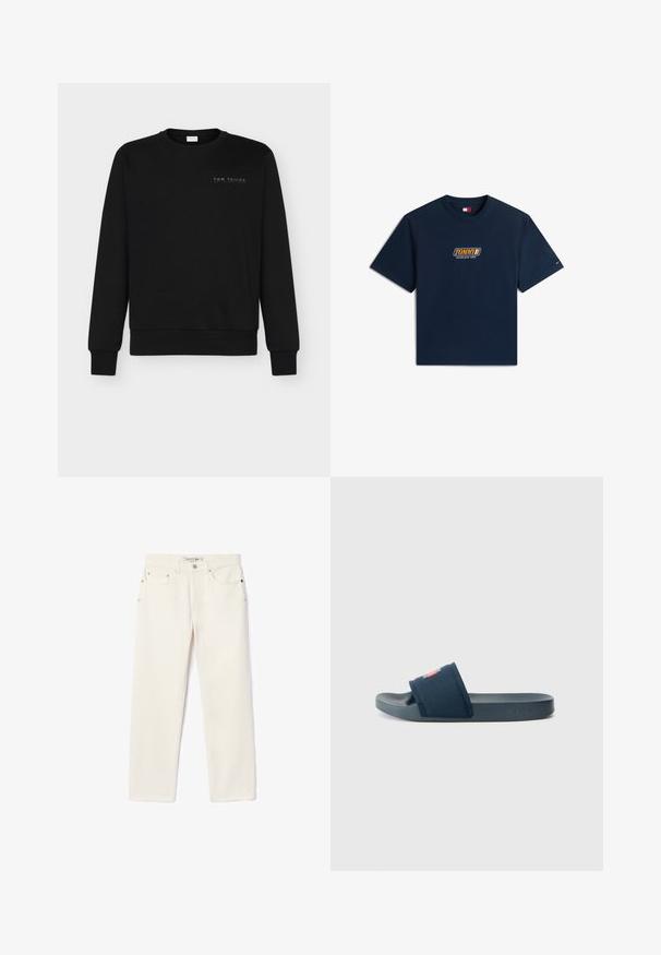 Schwarzer Pullover aus Baumwollmischung mit langen Ärmeln, Rundhalsausschnitt, elastischen Bündchen und einem kleinen geprägten Logo auf der Brust.; Marineblaues T-Shirt mit kurzen Ärmeln und dem "TOMMY JEANS NEW YORK" Logo in Orange und Weiß, zentriert auf der Brust, sowie einer kleinen Flagge am linken Ärmel.; Cremefarbene Jeans aus Denim mit geradem Bein, ausgestattet mit zwei Fronttaschen, einem Knopfverschluss und subtiler Markenkennzeichnung nahe dem Bund.; Navyblaue Rutschsandalette mit einem strukturierten Riemen, der mit roten und grauen Akzenten verziert ist. Gummisohle, minimalistisches Design und flache Form.