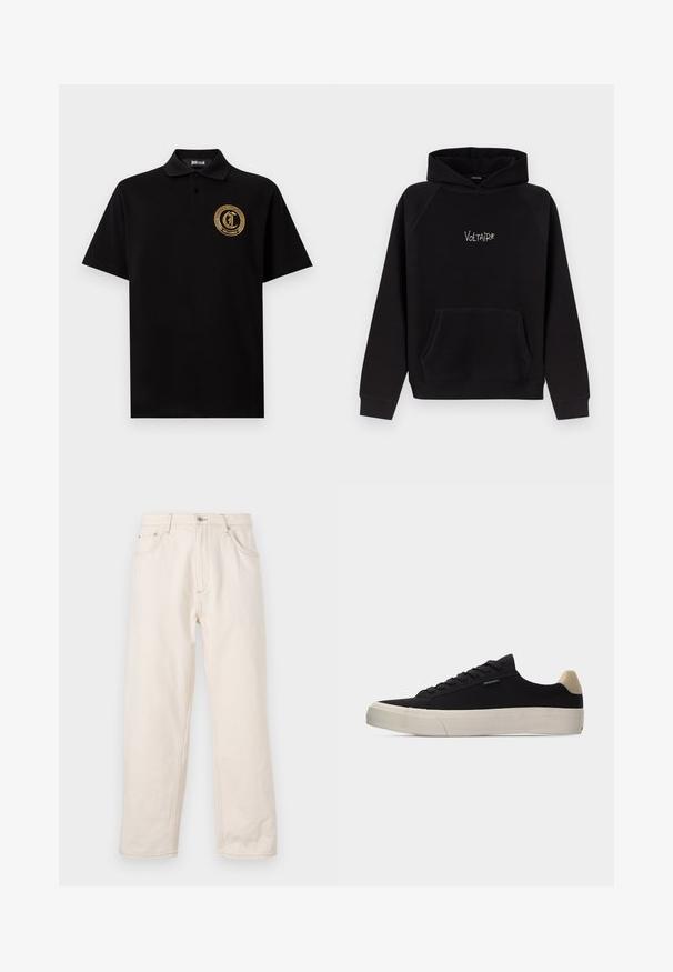 Sweat à capuche noir avec poche kangourou à l'avant et texte blanc "Voltaire" centré sur la poitrine, manches longues et capuche attachée.; Polo noir à manches courtes avec col et patte à deux boutons, arborant un logo circulaire doré Just Cavalli sur la poitrine.; Jean droit beige en denim, avec une fermeture à boutons, cinq poches et des détails de couture visibles. Texture lisse.; Baskets basses noires avec languette beige au talon, semelle en caoutchouc blanche épaisse, lacets noirs et petite étiquette "PS Paul Smith" sur le côté.