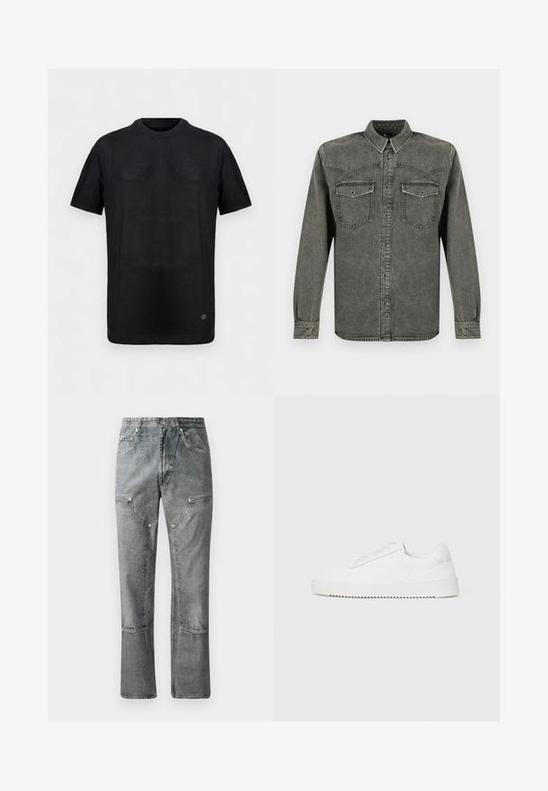 Zwart ribgebreid T-shirt met korte mouwen, ronde hals en klein metalen logo vlak bij de zoom, afgebeeld op een effen achtergrond.; Zwart gewassen denim overhemd met lange mouwen, knoopsluiting aan de voorkant en klepzakken op de borst, getoond tegen een witte achtergrond.; Grijze denimjeans met een rechte snit, voorzien van frontzakken, zichtbare stiksels en een vervaagde afwerking. Het materiaal heeft een gladde textuur.; Witte sneaker met een gladleren bovenkant, ronde neus, veters, gestructureerde zijaccenten en een dikke rubberen zool. Minimalistisch ontwerp.