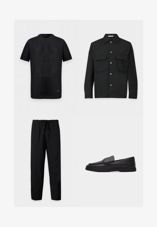T-shirt noir à manches courtes en maille côtelée avec col rond et petit logo métallique près de l'ourlet inférieur sur un fond uni.; Chemise noire à manches longues avec boutons, col, deux poches poitrine avant avec rabats et boutons visibles au centre.; Pantalon noir à jambes droites avec taille élastique et cordon, présenté à plat sur un fond clair uni.; Mocassin pour homme en cuir noir avec bout mocassin, détail de lanière sur le dessus et semelle en caoutchouc plate, présenté de profil sur fond blanc.