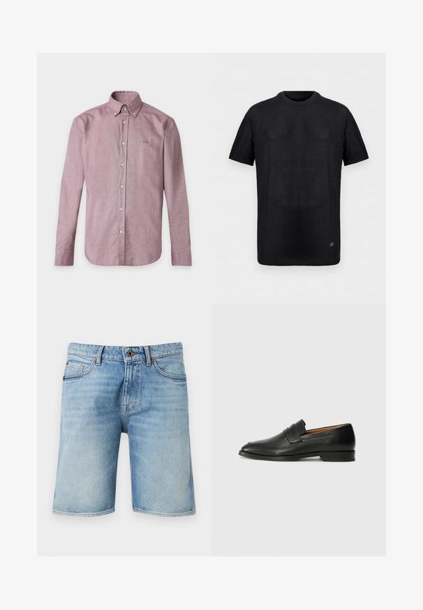 T-shirt noir à manches courtes en maille côtelée avec col rond et petit logo métallique près de l'ourlet inférieur sur un fond uni.; Chemise mauve à manches longues, boutonnée avec col et boutons visibles, posée à plat avec une broderie discrète du logo sur la poitrine gauche.; Shorts en jean bleu clair avec bouton à l'avant, braguette zippée, passants pour ceinture et poches avant, présentés sur un fond uni.; Mocassin en cuir noir avec un bout arrondi, des coutures subtiles et un talon bas, présentant une texture lisse et un design minimaliste.