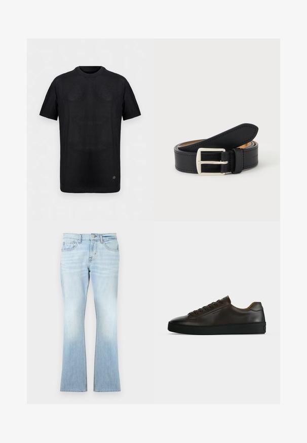 T-shirt noir à manches courtes en maille côtelée avec col rond et petit logo métallique près de l'ourlet inférieur sur un fond uni.; Jean évasé bleu clair en denim. Comprend cinq poches, une fermeture à bouton et fermeture éclair, avec un effet délavé vers l'ourlet.; Baskets basses en cuir marron foncé avec semelle en caoutchouc noire, lacets à l'avant et design minimaliste épuré sur fond clair.; Ceinture en cuir noir roulée avec une boucle en métal argenté rectangulaire visible sur un fond clair uni.