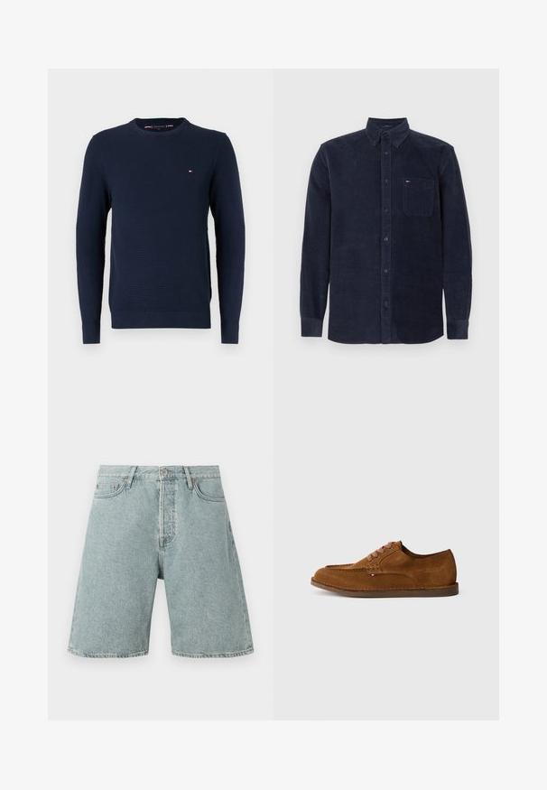 Marineblauwe geribbelde gebreide trui met ronde hals, lange mouwen en een klein rood, wit en blauw logo op de linkerkant van de borst.; Katoenen corduroy overhemd met lange mouwen in donkerblauw, met een knoopsluiting, een borstzak aan de voorkant en een kraag, liggend op een witte achtergrond.; Lichtblauwe denim shorts met een relaxed fit, vijf zakken en een knoopsluiting. Verweerde textuur met zichtbare stikdetails.; Bruine suède schoen met een afgeronde neus, decoratieve stiksels en zes contrasterende veterogen. Platte zool en een minimalistisch ontwerp.