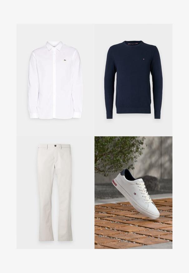 Marineblauwe geribbelde gebreide trui met ronde hals, lange mouwen en een klein rood, wit en blauw logo op de linkerkant van de borst.; Witte lange mouwen shirt van katoen, met een button-down kraag, een groen geborduurd logo op de linkerkant van de borst en rechte mouwen.; Lichtbeige katoenen broeken met een rechte snit, knoopsluiting en zijzakken. Gladde textuur, geen zichtbare patronen of accenten.; Witte leren sneaker met navy hielstuk en klein rood, wit en blauw logo dat boven een houten en kiezelachtige grondoppervlakte buitenshuis zweeft.