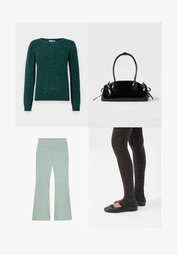 Pull vert foncé en tissu doux, avec un col rond et de longues manches à poignets et ourlet côtelés.; Pantalons évasés vert clair avec une large ceinture, fabriqués en tissu doux et texturé. Présente un motif chiné subtil sur l'ensemble.; Jambes portant des leggings côtelés foncés associés à des ballerines noires avec de petits détails en nœud sur fond blanc.; Petit sac à main noir brillant avec deux longues anses et des détails à cordon sur les côtés sur un fond clair uni.