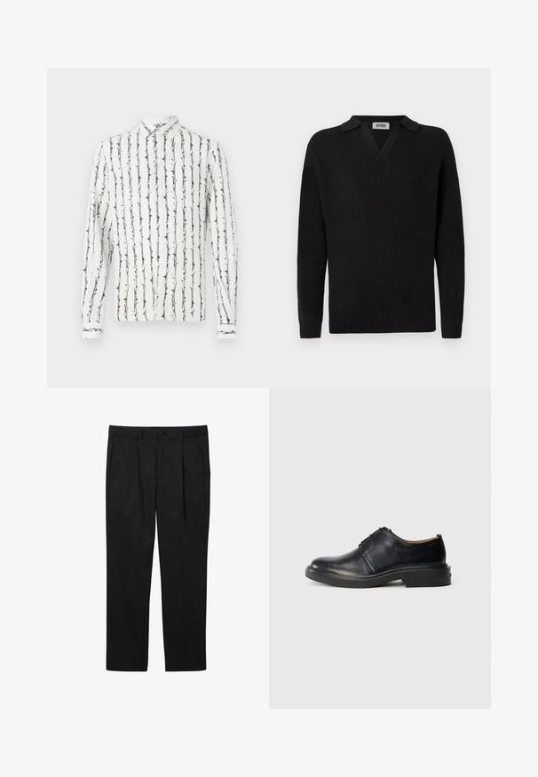 Pull en tricot noir côtelé avec un col en V et un col court, featuring des manches longues et un design discret avec une seule poche sur la poitrine.; Chemise blanche à boutons avec des rayures verticales noires et un motif floral. Manches longues avec des poignets à boutons. Fabriquée en tissu léger.; Pantalons formels noirs pour hommes avec poches avant, passants pour ceinture, fermeture par bouton et coupe droite.; Chaussure oxford en cuir noir avec un bout rond, un laçage à l'avant et un petit talon empilé, sur fond clair.