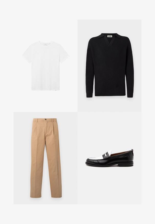 Suéter negro de punto acanalado con escote en V y cuello corto, que presenta mangas largas y un diseño discreto con un único bolsillo en el pecho.; Camiseta de algodón blanca con cuello redondo, mangas cortas y un sutil detalle del logo en el pecho. Textura suave y ajuste estándar.; Pantalones caqui con un diseño de pierna recta, hechos de tejido de algodón; cuentan con un cierre de un solo botón y dos pliegues en la parte frontal.; Mocasín de cuero blanco y negro con detalles cosidos, tacón bajo y diseño tipo slip-on, mostrado de lado sobre un fondo liso.