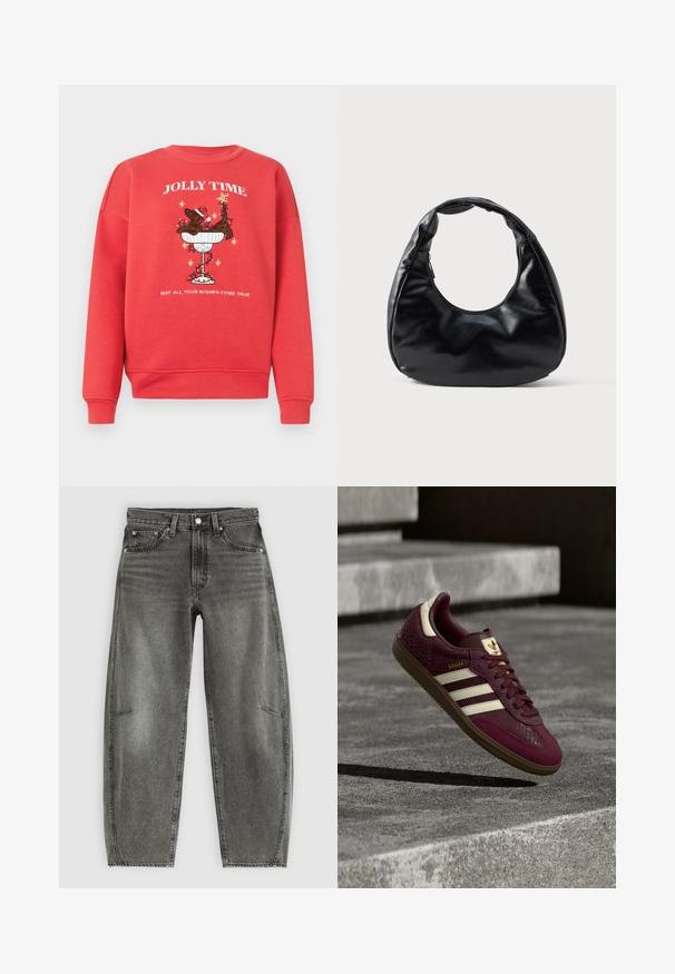 Rød sweatshirt med et centralt grafik af en hund i en skål med en nissehue og stjerner. Teksten siger "GLAD TID" og "MÅ ALLE DINE ØNSKER GÅ I OPFYLDELSE."; Højtaljede gråvaskede denimjeans med fem lommer, knaplukning og en afslappet lige pasform.; Bourgognefarvet sneaker med tekstureret læder, tre hvide striber og gyldne detaljer. Gummisål, klassisk Samba-design og åndbare mesh-detaljer.; Sort faux læder håndtaske med en unik halvmåneform, et bredt, polstret håndtag og en lynlåslukning. Glat, blank tekstur og minimalistisk design.