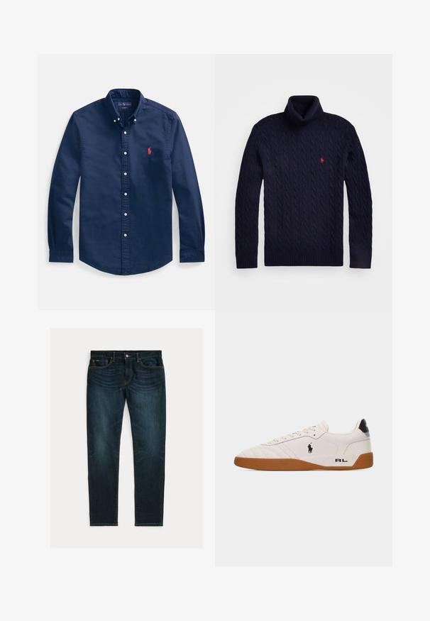 Navyblå kabelstrikket turtleneck sweater i tykt stof, med et lille rødt logo på brystet og ribbede manchetter og kant.; Marineblå skjorte med knapper lavet af bomuld, med spidst krave, lange ærmer og et lille rødt broderet logo på brystet.; Mørkeblå slim-fit jeans med let falmning og fem-lomme-design, lagt fladt på hvid baggrund.; Hvid lav sneakers med brun gummisål, sort Polo Ralph Lauren-logo på siden og "RL" tekst på hælområdet.